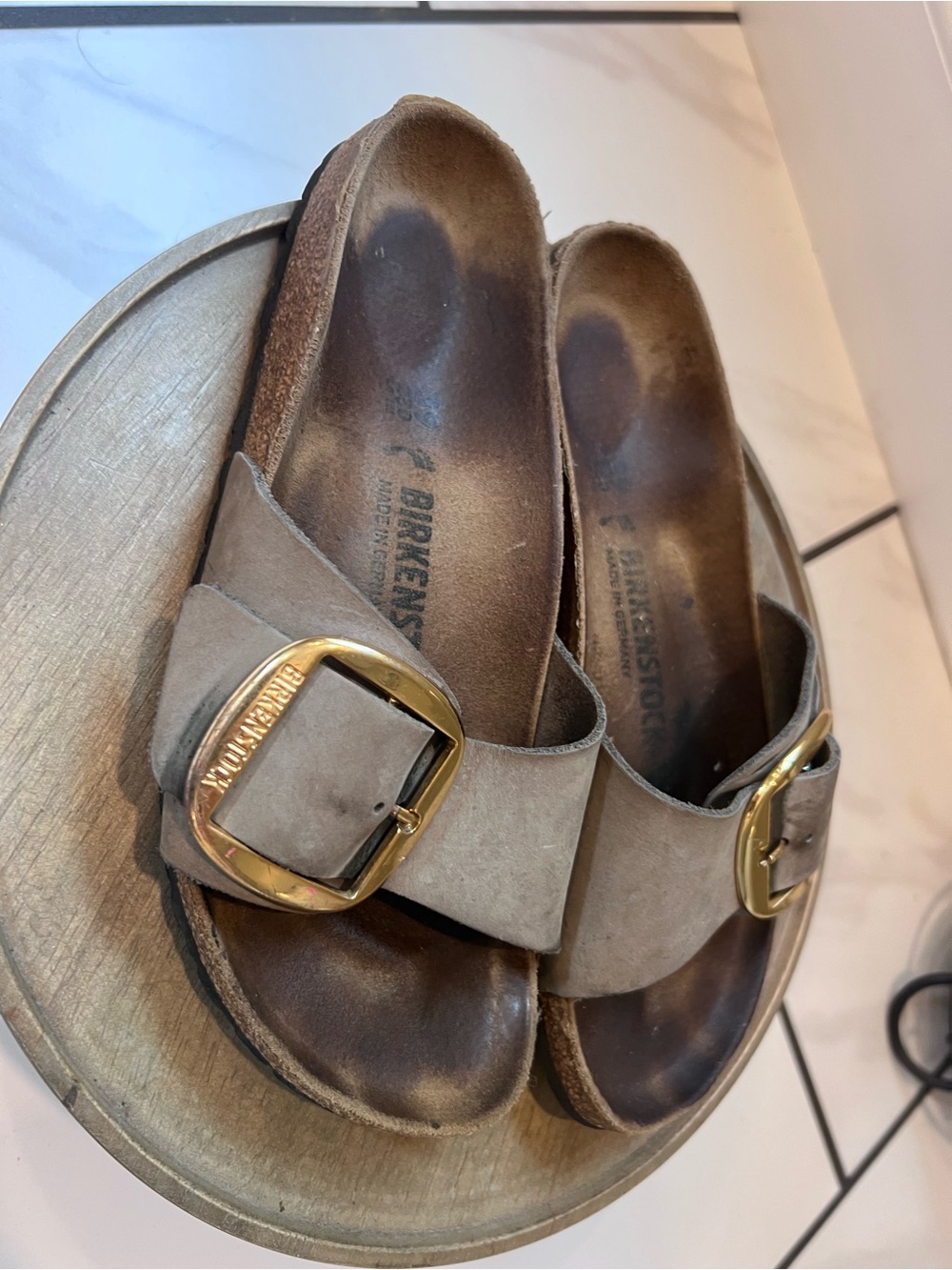 Birkenstock Single-Strap Suede Slides in Taupe with Gold Buckles